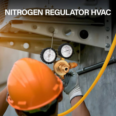 Technician using nitrogen regulator HVAC tool for purging
