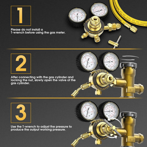 Instructional guide for Nitrogen Regulator With Six Foot Seven Inch Hose For TIG MIG Welding CGA580 Inlet Connection setup.