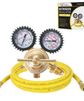 Nitrogen regulator kit for welding with dual gauges and 78.7 inch hose for safe soldering, featuring brass construction and CGA580 connection.