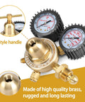 Nitrogen regulator kit for welding with dual gauges and brass construction.