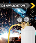 Nitrogen Regulator Kit With Dual Gauges For HVAC And Refrigeration Zero To Eight Hundred Psi Delivery, shown in use with welding