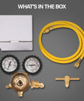 Contents of nitrogen regulator HVAC tool package including gauges, hose, and fittings for safe inert gas handling and pressure testing.
