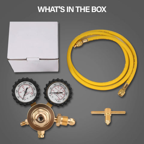 Contents of nitrogen regulator HVAC tool package including gauges, hose, and fittings for safe inert gas handling and pressure testing.