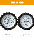Close-up of two pressure gauges for Nitrogen Regulator With 6.6 Ft Hose, 0 to 800 PSI Outlet, showing low and high pressure readings.