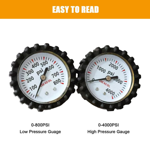 Close-up of two pressure gauges for Nitrogen Regulator With 6.6 Ft Hose, 0 to 800 PSI Outlet, showing low and high pressure readings.