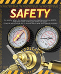 Safety warning with nitrogen regulator gauges CGA580 inlet, low pressure gauge 0-600 PSI, high pressure gauge 0-4000 PSI.