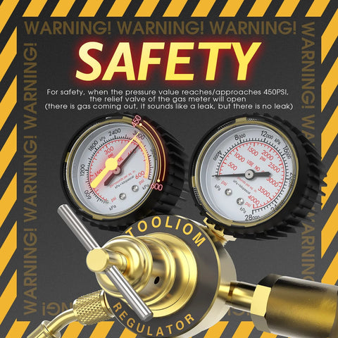 Safety warning with nitrogen regulator gauges CGA580 inlet, low pressure gauge 0-600 PSI, high pressure gauge 0-4000 PSI.