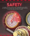 Close-up view of a safety gauge on a nitrogen regulator with hose for HVAC purging, showing pressure warning at 450 PSI.