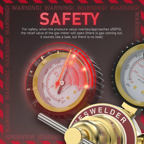Close-up view of a safety gauge on a nitrogen regulator with hose for HVAC purging, showing pressure warning at 450 PSI.