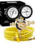 Nitrogen Regulator For Welding With 0 To 800 PSI Output CGA580 Inlet Brass Fittings One Quarter Inch SAE Male Flare Outlet Two Inch Gauges With Protective Boots And Refrigeration Hose Included For Reliable Pressure Control