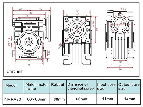 Technical diagram of ✝️ Worm Gear Reducer 60 mm Shaft Size 1-Pack Nmrv030 showing dimensions and specifications for industrial use.