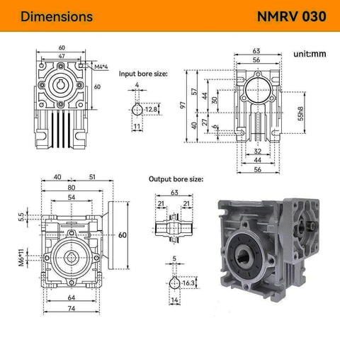 Worm Gear Gearbox NMRV030 dimensions with 14mm output shaft and NEMA23 input flange for stepper motor setup