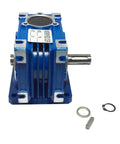 Blue worm reducer gearbox NMRV030 with Single Output Shaft Diameter 14mm, gaskets and accessories shown.