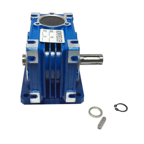 Blue worm reducer gearbox NMRV030 with Single Output Shaft Diameter 14mm, gaskets and accessories shown.