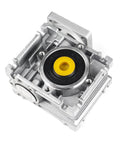 Top view of Worm Gear Gearbox, NMRV030 Worm Gear Speed Reducer Square Type for Nema23 Stepper Motor, aluminum alloy housing, silver color.