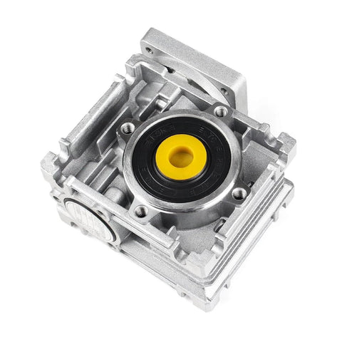 Top view of Worm Gear Gearbox, NMRV030 Worm Gear Speed Reducer Square Type for Nema23 Stepper Motor, aluminum alloy housing, silver color.