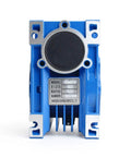 Front view of blue worm gear reducer, 86 mm shaft size Nmrv040, for agricultural and industrial systems with strong housing.