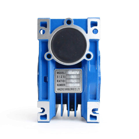 Front view of blue worm gear reducer, 86 mm shaft size Nmrv040, for agricultural and industrial systems with strong housing.