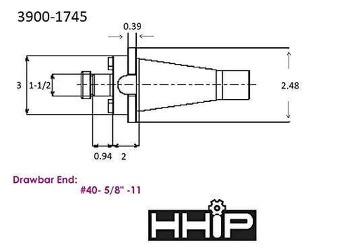 Technical diagram of Shell End Mill Holder NMTB Forty Taper With One And A Half Inch Bore Drawbar End Five Eighth Inch Thread Made In USA For HHIP 3900 Series