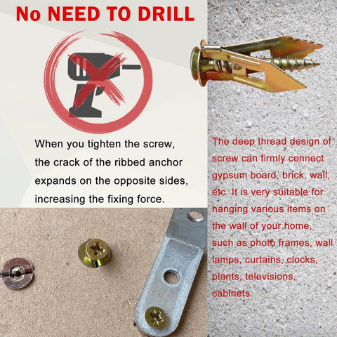 200 piece self drilling drywall anchors and screws kit with 100 zinc wall anchors and 100 expansion screws rated up to 66 lb no drill installation zinc plated steel for sheetrock wall hanging and mounting with close-up of anchor expanding in wall.