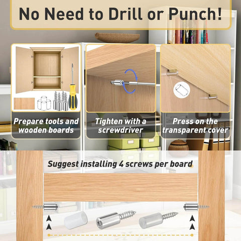 Image demonstrating the installation process of 100-Pack Self Tapping Screws Cabinet Laminate Shelf Pegs Non-Slip Pins for Bookcases, Wardrobes, Kitchen Cabinets Cross Screw Fixed Design.