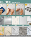 Installation steps for rustproof shower caddy set with no-drill adhesive mounts on various wall surfaces.