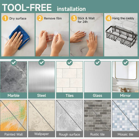 Installation steps for rustproof shower caddy set with no-drill adhesive mounts on various wall surfaces.