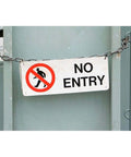 No entry sign with chain, metal background