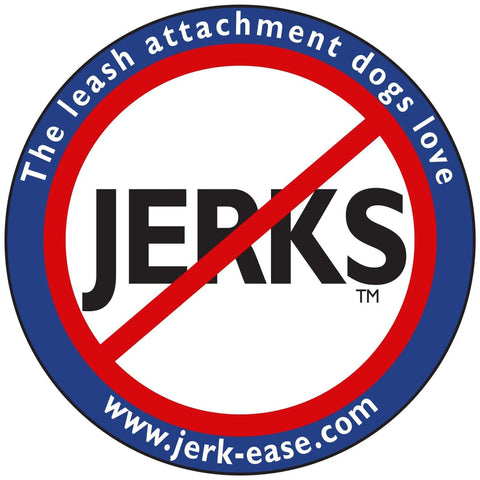 Patented bungee leash extension delivers cushioned shock absorption for you and your dog, no jerks symbol on circular logo.
