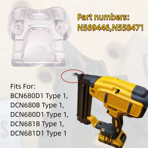 No-Mar Tip Replacement Set for DCN Series showing clear insert and nailer compatibility list.