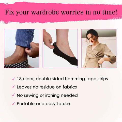 No Sew Hem Tape For Easy Hem Fixes With Clear Hold Temporary Hemming Adhesive Strips For Jeans And Dresses, 18 Strips