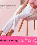 Woman sitting on chair showing use of No Sew Hem Tape For Easy Hem Fixes With Clear Hold Temporary Hemming Adhesive Strips For Jeans