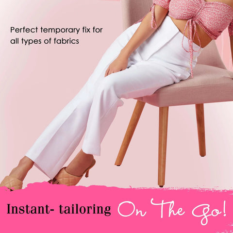 Woman sitting on chair showing use of No Sew Hem Tape For Easy Hem Fixes With Clear Hold Temporary Hemming Adhesive Strips For Jeans