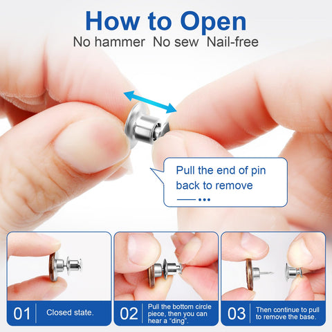 Instructions for 12 Pack No Sew Jeans Button Kit With Snap Tacks For Instant Replacement displayed with hands holding button.