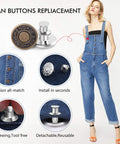 12 Pack No Sew Jeans Button Kit With Snap Tacks For Instant Replacement on denim overalls and fabric close-ups