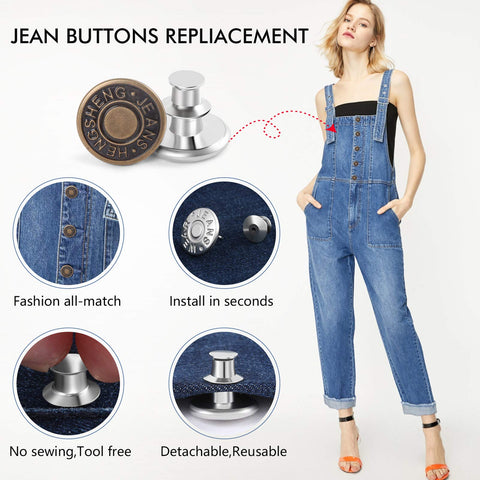 12 Pack No Sew Jeans Button Kit With Snap Tacks For Instant Replacement on denim overalls and fabric close-ups