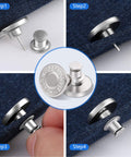 12 Pack No Sew Jeans Button Kit With Snap Tacks For Instant Replacement, showing metal button fasteners being applied to denim.