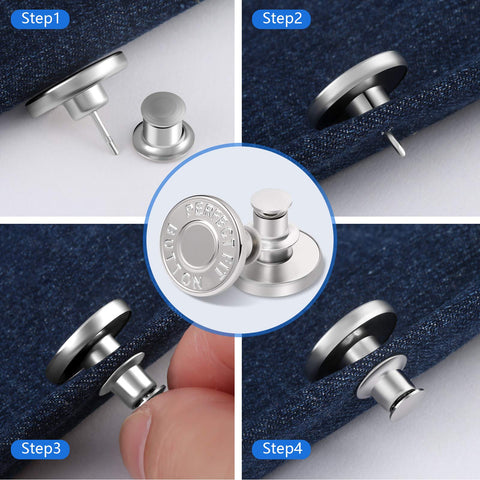 12 Pack No Sew Jeans Button Kit With Snap Tacks For Instant Replacement, showing metal button fasteners being applied to denim.