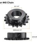 No 40 Chain Roller Sprocket B Type for single strand chains, 1-1/4 inch bore, 18 teeth, carbon steel, set screws, black oxide, heavy-duty.