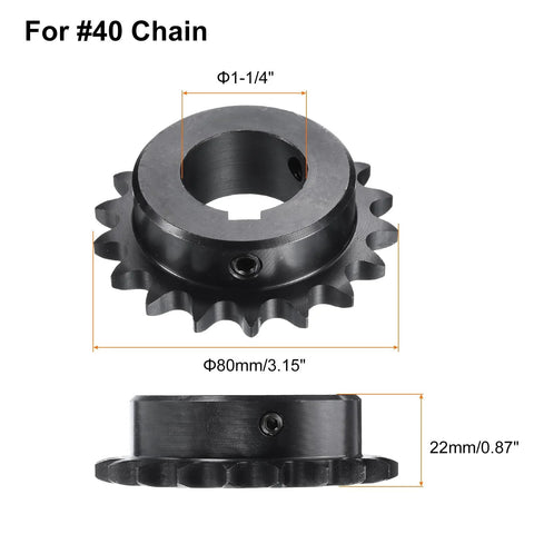 No 40 Chain Roller Sprocket B Type for single strand chains, 1-1/4 inch bore, 18 teeth, carbon steel, set screws, black oxide, heavy-duty.