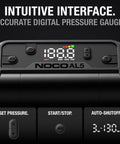 Air AL5 Cordless Tire Inflator With 5A Battery Power showing digital display and controls for auto shutoff and pressure settings.