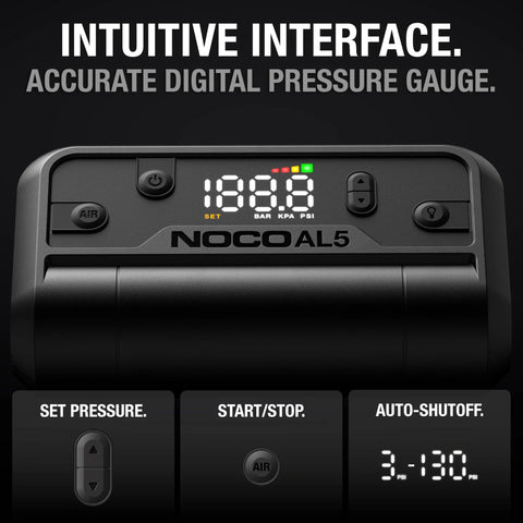 Air AL5 Cordless Tire Inflator With 5A Battery Power showing digital display and controls for auto shutoff and pressure settings.