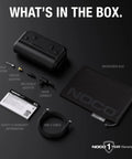 Air AL5 Cordless Tire Inflator With 5A Battery Power box contents, including adapters, USB-C cable, microfiber bag, safety info card.