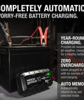 Genius10 10A 6V 12V Smart Battery Charger And Maintainer With Trickle Charge Desulfator And Overcharge Protection shown attached to battery
