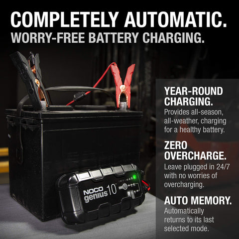 Genius10 10A 6V 12V Smart Battery Charger And Maintainer With Trickle Charge Desulfator And Overcharge Protection shown attached to battery