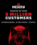 Black and red graphic with wolf illustration, bold text "Trusted by over 5 million customers," check marks for people driven, field tested, no B.S.