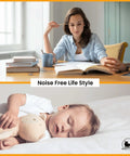 Woman reading and baby sleeping with 'Noise Free Life Style' text, highlighting Door Stoppers - Large 3.15" (4 PCS) Quiet Silicone Wall Protectors.