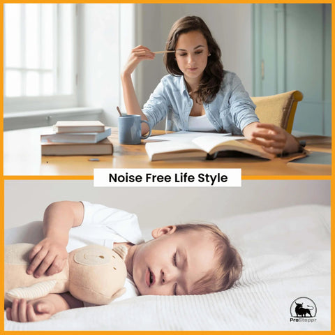 Woman reading and baby sleeping with 'Noise Free Life Style' text, highlighting Door Stoppers - Large 3.15" (4 PCS) Quiet Silicone Wall Protectors.