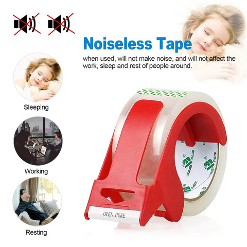 Heavy Duty Clear Packing Tape 2 Rolls With Refillable Dispenser Noiseless 1.88 In X 55 Yards Shipping Tape shown with noiseless feature icons.