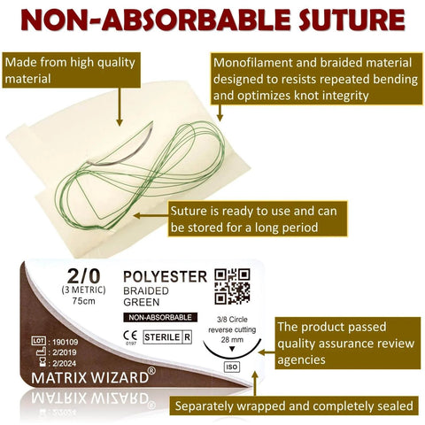 Non-absorbable suture made from polyester for wound closure, green braided thread, displayed with packaging.